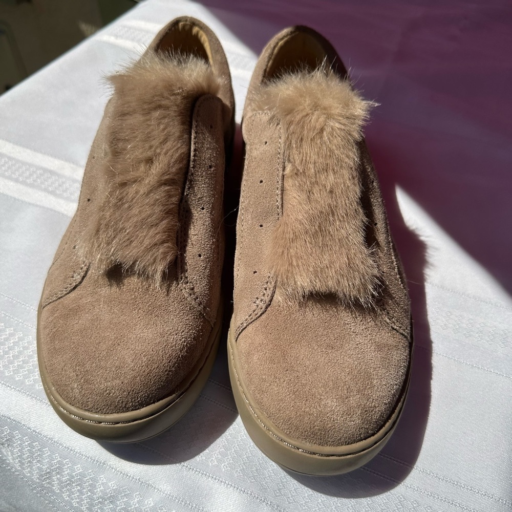 New! Tan Suede Slip Ons with Faux Fur Trim